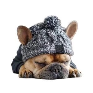 Berretto invernale in maglia grigio scuro melange con grande pompon per cani e gatti