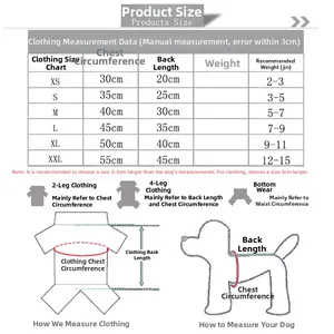 Tableau des tailles pour vêtements chiens et chats mesurant du XS au XXL complet