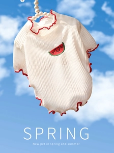 Détail d'un t-shirt blanc pour animaux avec bords ondulés rouges et broderie pastèque