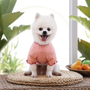 T-shirt rose gaufré pour chien avec bords à volants rouges sur petit chien