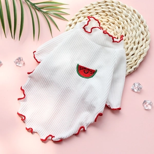 Détail d'un t-shirt gaufré pour animaux avec bords rouges festonnés et broderie pastèque
