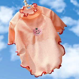 T-shirt en mesh rose pour animaux avec broderie de fruits sur fond de ciel bleu