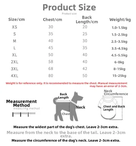 Detailed pet size chart for plaid dog shirt from XS to 4XL with measurement instructions