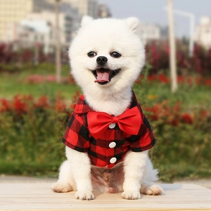 Classic red plaid pet formal shirt with red bowtie for small dogs and cats