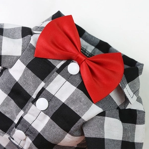 Close-up of pet formal shirt featuring black plaid pattern and a bright red bow tie
