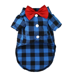 Plaid pet shirt for dogs and cats with red bow tie and white buttons for wedding parties