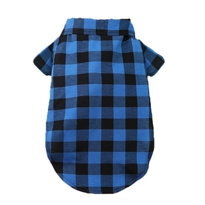 Detail of blue plaid pet shirt with premium stitching and breathable cotton fabric