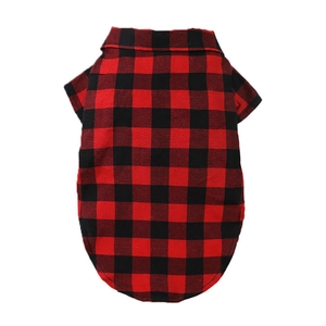 Detailed view of red and black buffalo plaid pet shirt with collar for dogs and cats