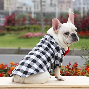 Side view of a French Bulldog wearing a plaid pet shirt with a red bow tie in a park
