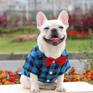 Plaid dog tuxedo shirt with red bowtie for weddings, perfect for French Bulldogs