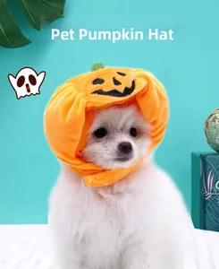 Close-up of plush Halloween pumpkin hat for pets with funny face and green stem detail