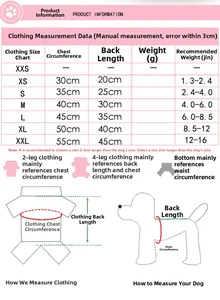 Detailed pet size chart for dog wedding dress ranging from XS to XXL with measurements