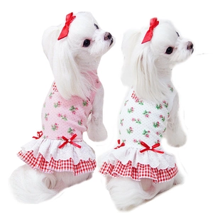 Robe Douce Pour Chien Imprimé Floral Ourlet À Carreaux Rouges Dentelle Noeud Style Princesse Pour Petits Chiens Chats Chiot