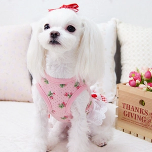 Détail de la robe florale rose pour animaux avec ourlet blanc et nœud à carreaux rouges
