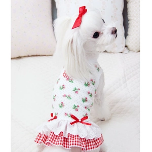 Robe de princesse fleurie pour petits chiens avec nœuds rouges et jupe en dentelle