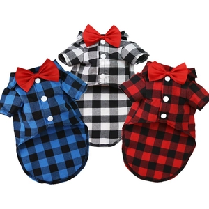 Plaid pet suit shirts for dogs and cats with festive red bow ties in three colors