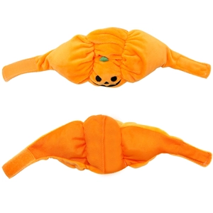 Plush pumpkin pet hat for Halloween with orange Jack-o'-lantern design and velcro strap