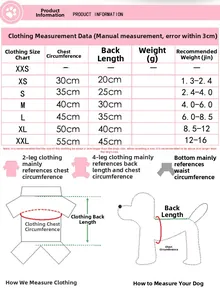 Size chart for plaid dog dress showing chest and back length from XS to XXL sizes