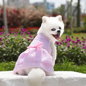 Pink striped dog dress with satin bow and tiered ruffles shown on a Pomeranian