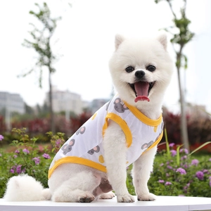 Breathable cotton dog vest with mouse and cheese prints on a Pomeranian in a park