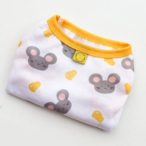 Detail of white cotton dog vest with mouse and cheese cartoon print and yellow piping