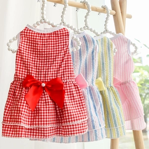 Summer Pet Dress Plaid Striped Floral Polyester Puppy Cat Dog Wedding Party Clothing With Big Satin Bowknot And Faux Artificial Pearl Decor