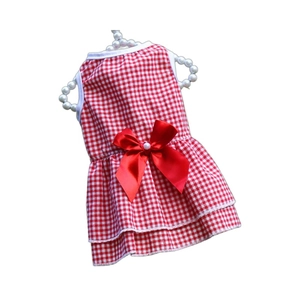 Red plaid pet dress with a satin bow and pearl accent for small dogs and cats