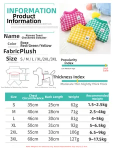 Size chart for pet sweaters showing chest and back measurements for small to large dogs