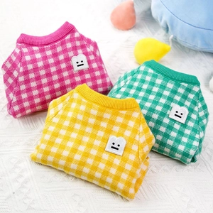 Pink green and yellow plaid knit pet sweaters with cute toast patch for dogs and cats