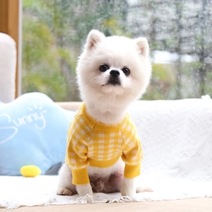 Close-up of yellow and white checkered pet sweater with soft knitted texture and ribbed cuffs