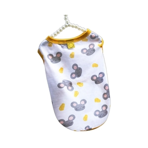 White pet vest with grey mouse print and yellow piping on a pearl hanger