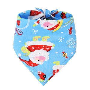 Light blue Christmas dog bandana with Santa Claus and snowflake patterns on white background