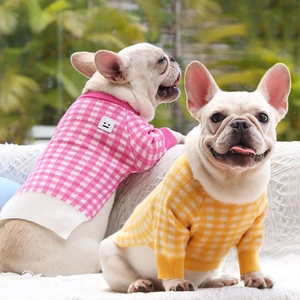 Pet Sweater Knitted Checkerboard Plaid Warm Dog Cat Clothes French Bulldog Pug Gingham Winter Knitwear Outfit