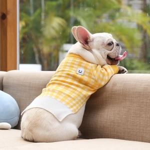 Yellow and white gingham dog sweater for French Bulldogs featuring a cute back patch