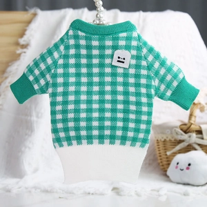 Green and white checkered knit sweater for small dogs and cats with cloud patch