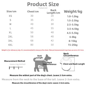 Size chart for winter pet hoodie with detailed chest and back length measurements for dogs