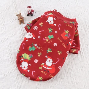 Detailed view of red Christmas pet sweater with Santa Claus and reindeer festive prints