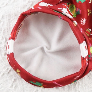 Detail of red Christmas dog hoodie showing soft white fleece lining and festive prints