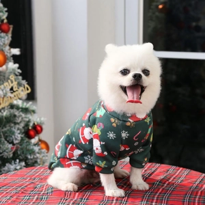 Detail of Christmas dog hoodie with festive Santa and snowflake prints on green fabric