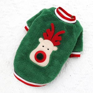 Pull de Noël vert pour animaux avec broderie renne et poignets côtelés chauds