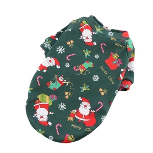 Christmas dog hoodie in dark green featuring festive Santa and snowflake patterns