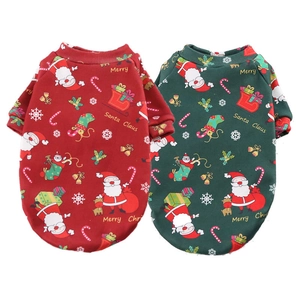 Red and green Christmas pet hoodies with Santa prints for dogs and cats in winter