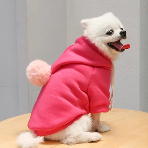 Détail du sweat à capuche rose pour animal avec pompon de lapin et cordon blanc
