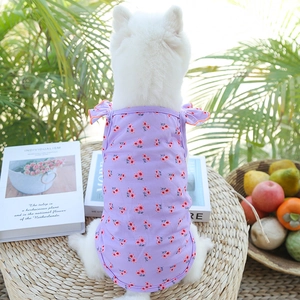 Détail d'une veste florale violette pour chien avec bords à volants orange en coton doux