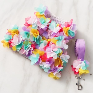 Détail du harnais pour chien violet respirant avec fleurs 3D colorées en mousseline et laisse