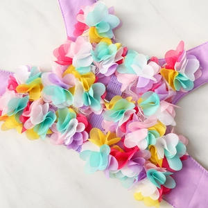 Détail du harnais violet pour chien avec fleurs 3D en résille et anneau en D métallique