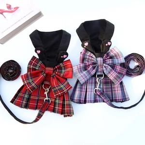 Juego De Vestido De Arnés A Cuadros Con Correa Para Perros Pequeños Gatos Estilo Académico JK Falda Plisada Con Lazo Ropa Para Mascotas