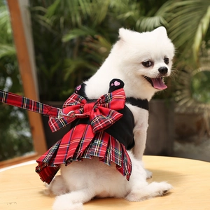 Detalle de arnés vestido a cuadros rojos con lazo y correa para perro pequeño