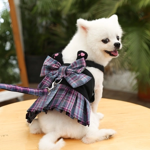 Perro Pomerania con arnés tipo vestido de cuadros estilo JK y correa a juego