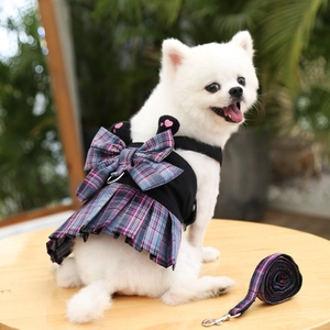 Perro Pomerania con arnés tipo vestido estilo JK negro de cuadros azules y correa a juego